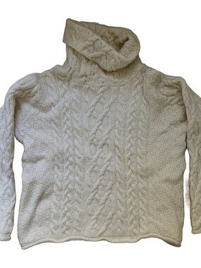 Inis Crafts 100% Merino Wool Cable Knit Turtleneck Sweater Cream Size S
